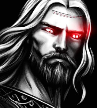 Portrait of Höðr, a blind god in Norse mythology, with a fierce expression.