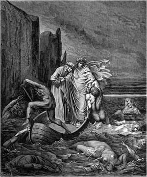Illustation of Virgil pushing Filippo Argenti back into the River Styx by Gustave Dore